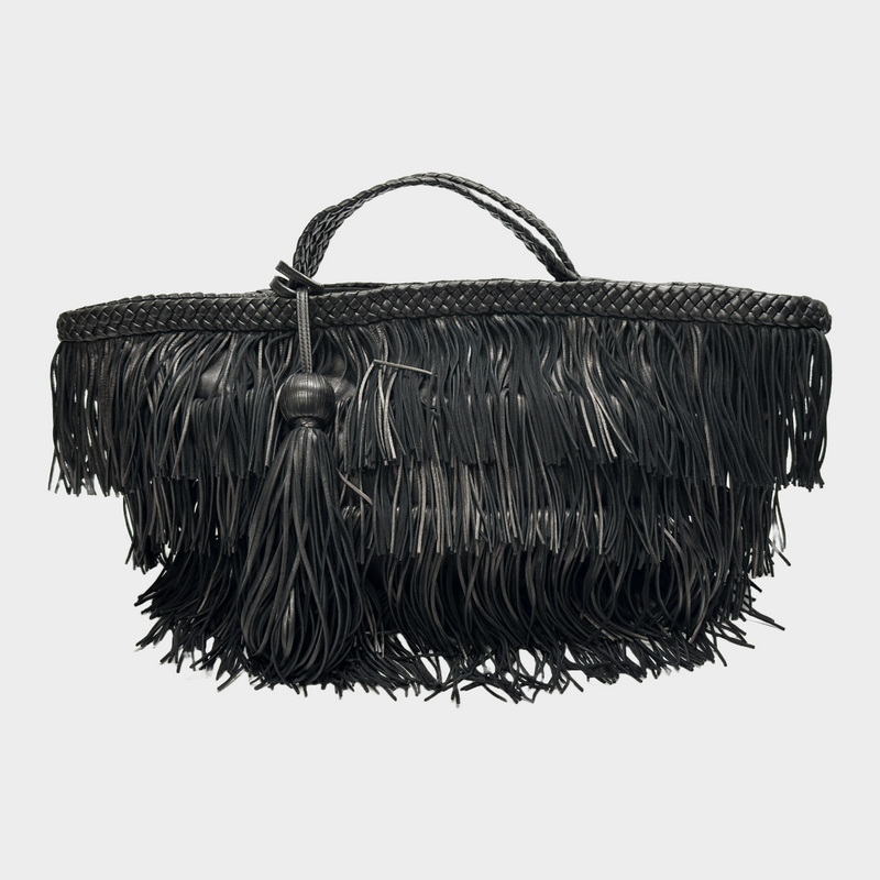 Saint Laurent women's black leather fringed basket handbag