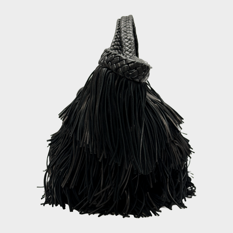 Saint Laurent women's black leather fringed basket handbag