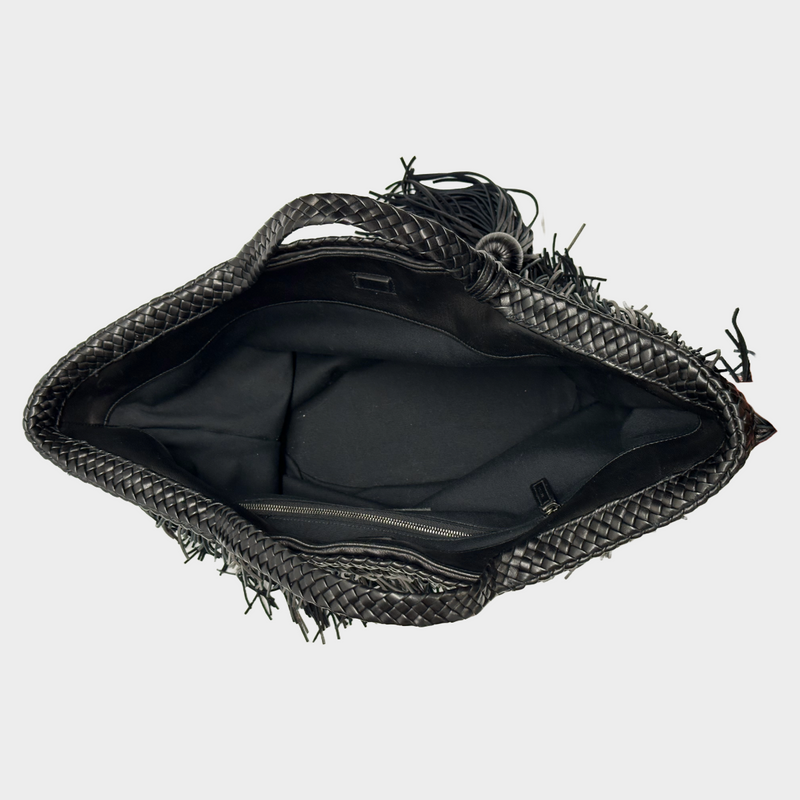 Saint Laurent women's black leather fringed basket handbag
