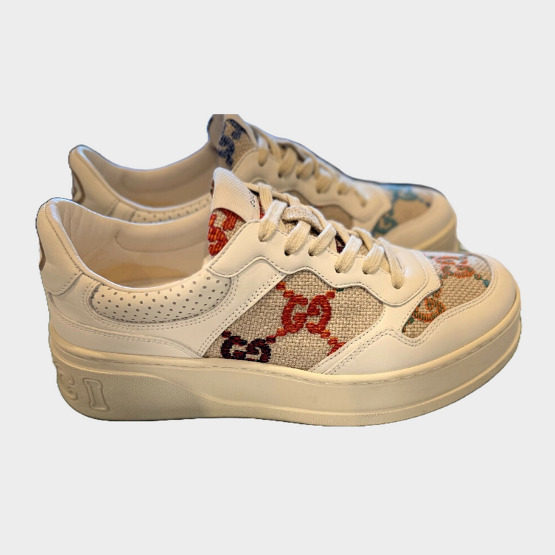 Gucci women's ecru sneakers with multicolour monogram embroidery
