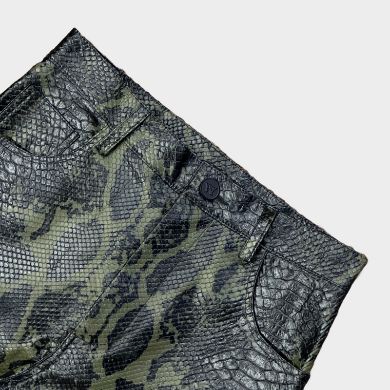 WW Hardware black and green python print embossed polyester trousers