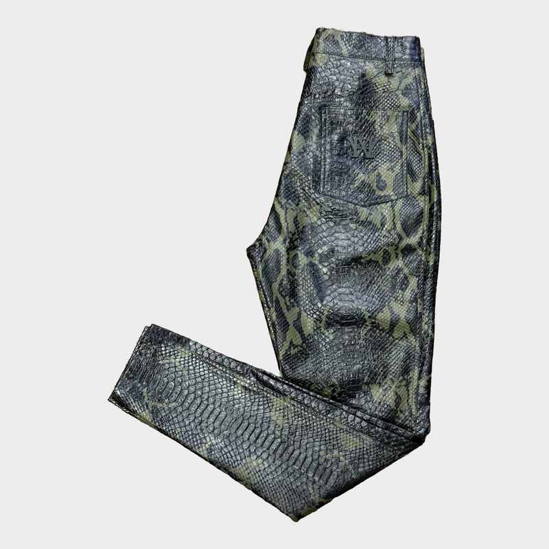 WW Hardware black and green python print embossed polyester trousers