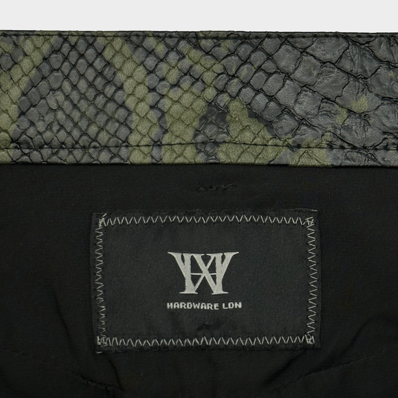WW Hardware black and green python print embossed polyester trousers