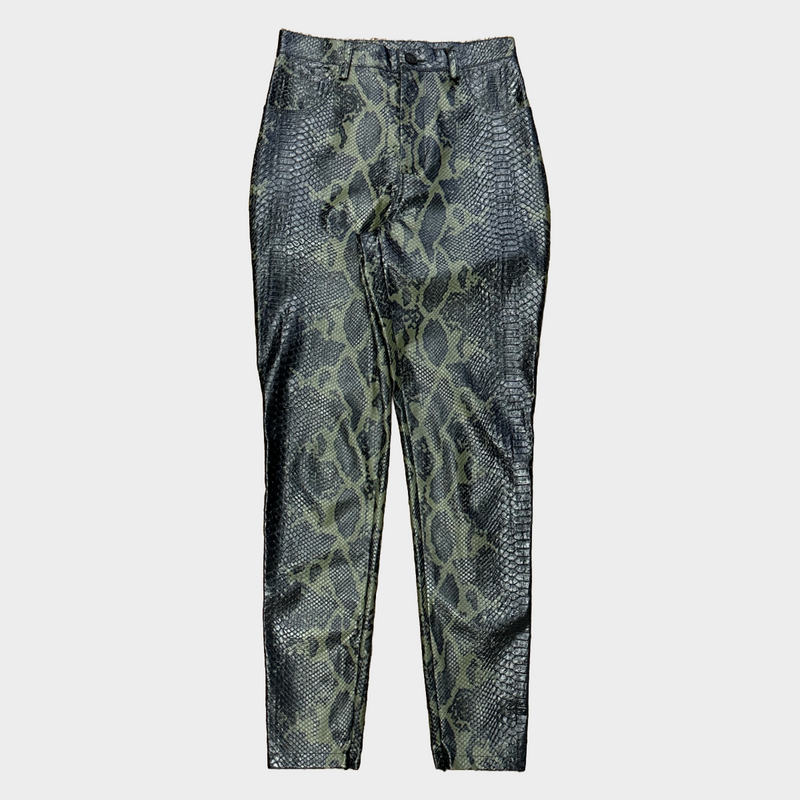 WW Hardware black and green python print embossed polyester trousers