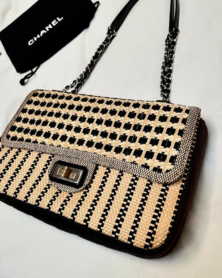 CHANEL black and beige raffia limited edition jumbo flap bag