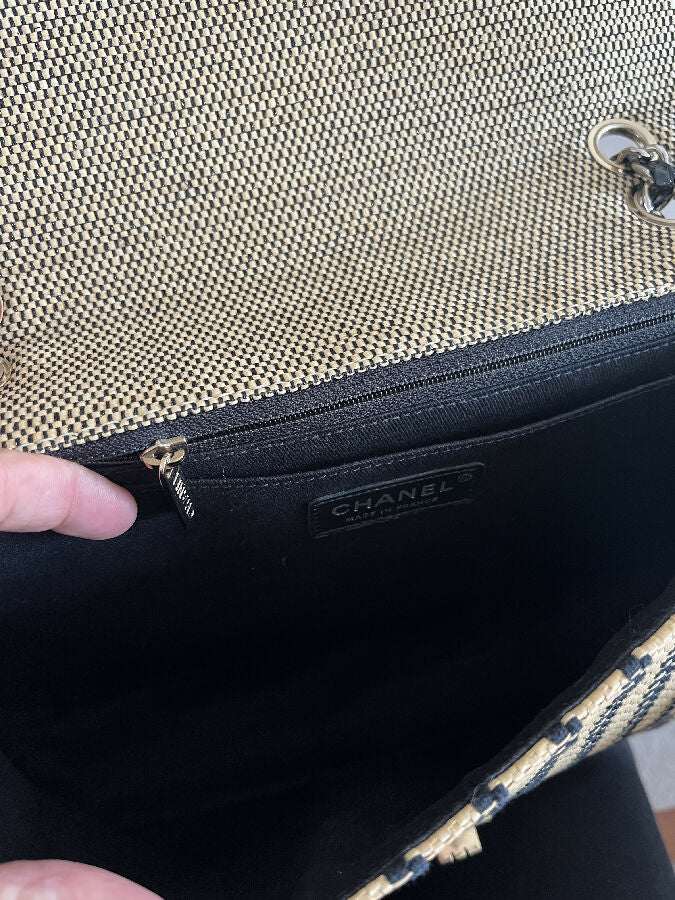 CHANEL black and beige raffia limited edition jumbo flap bag