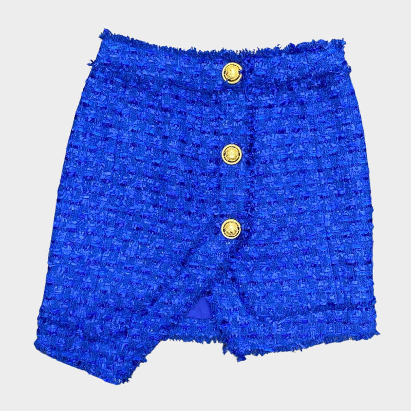 Balmain women's blue tweed mini skirt with gold hardware