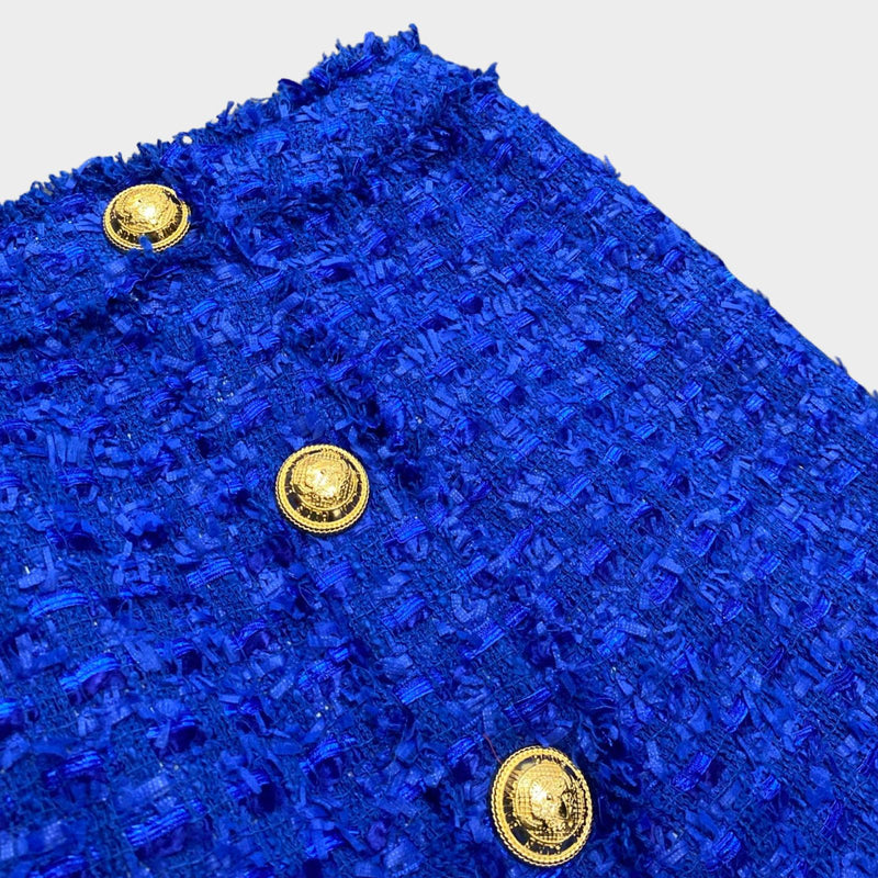 Balmain women's blue tweed mini skirt with gold hardware