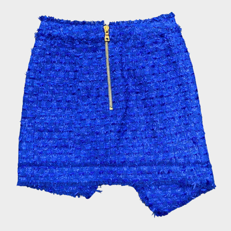 Balmain women's blue tweed mini skirt with gold hardware