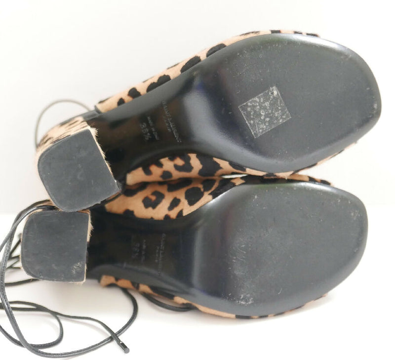 Saint Laurent leopard print calf hair lace-up sandals