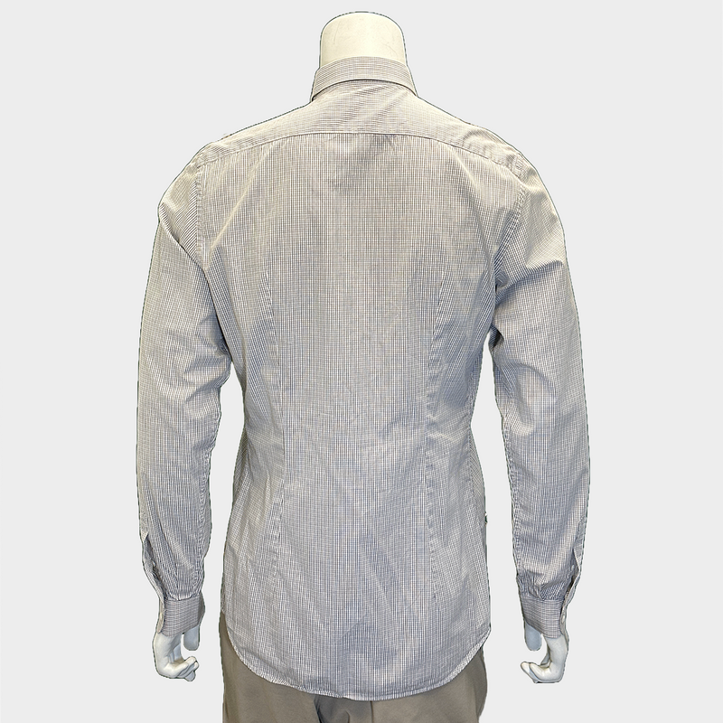 Prada men's white/brown/blue checkered cotton shirt