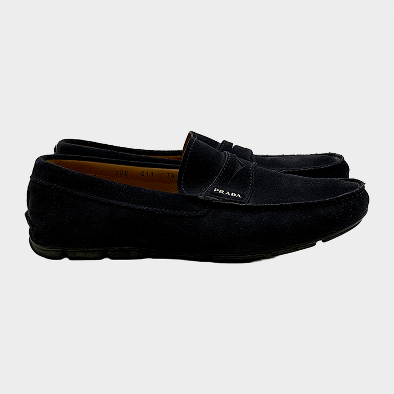 PRADA men's navy suede loafers