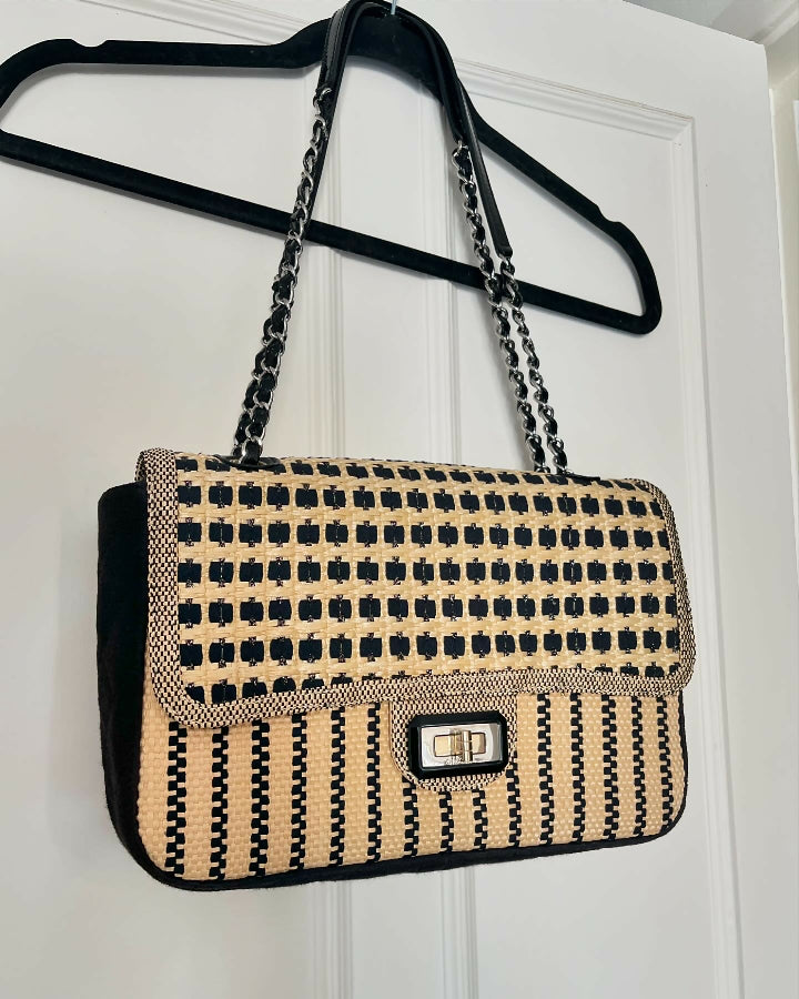 CHANEL black and beige raffia limited edition jumbo flap bag