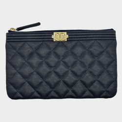 CHANEL navy and gold caviar leather quilted Le Boy pouch