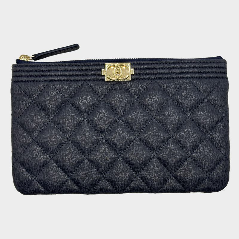 CHANEL navy and gold caviar leather quilted Le Boy pouch