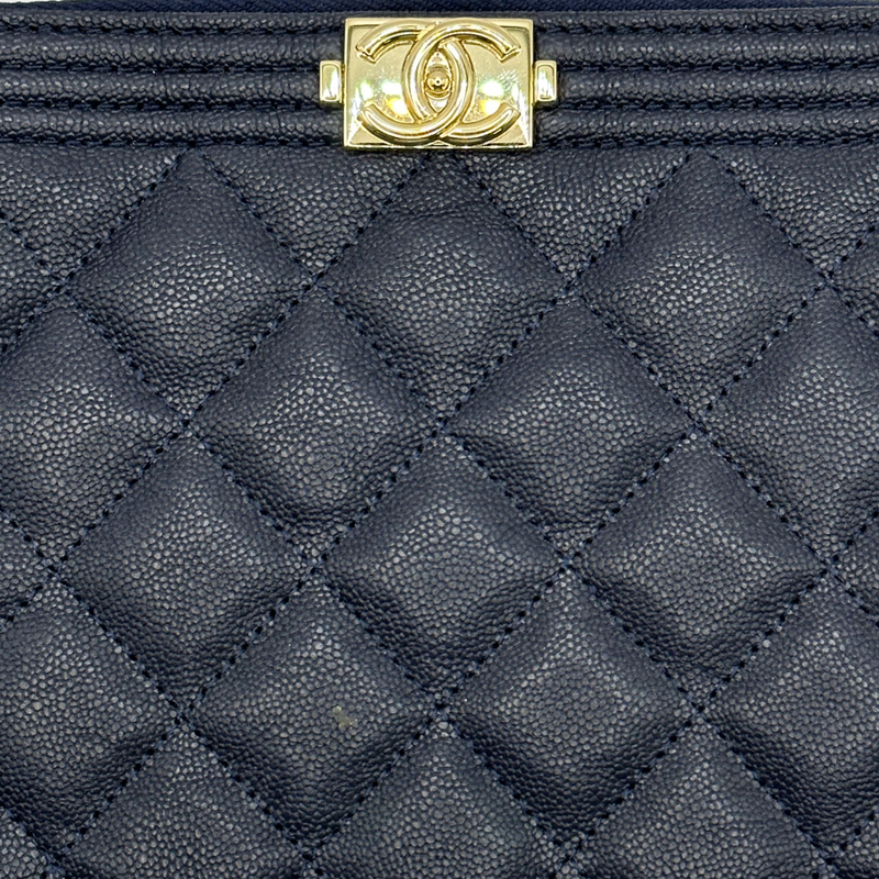 CHANEL navy and gold caviar leather quilted Le Boy pouch