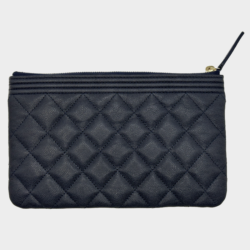 CHANEL navy and gold caviar leather quilted Le Boy pouch