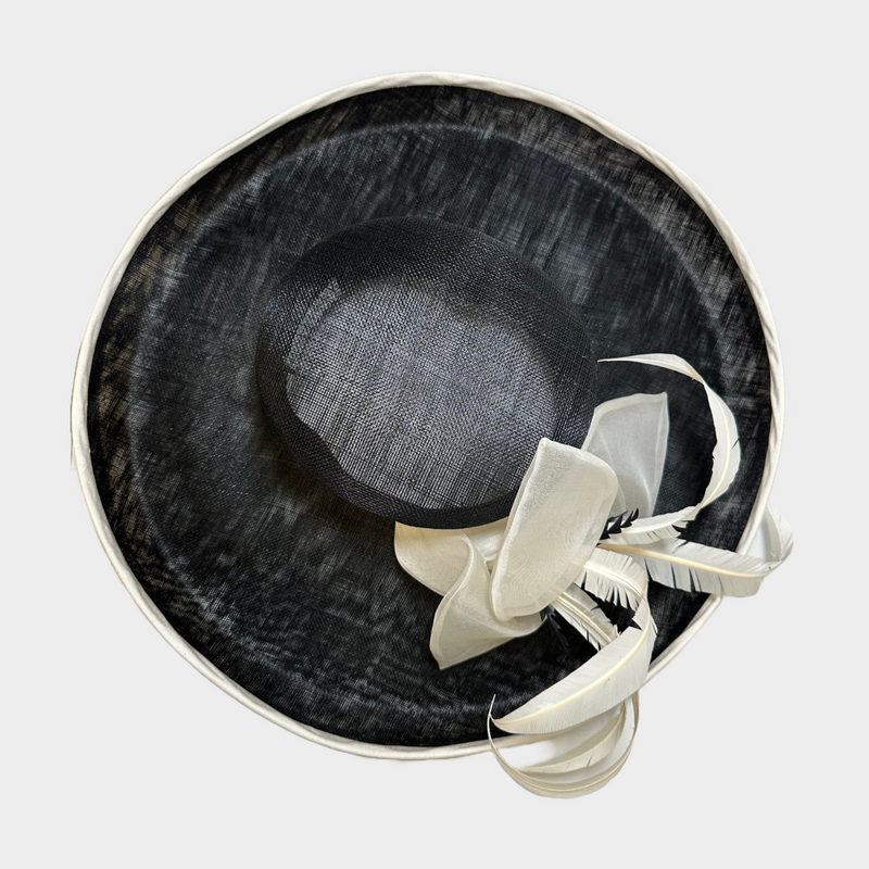 Siggi London black structured mesh hat with white feather flower detail