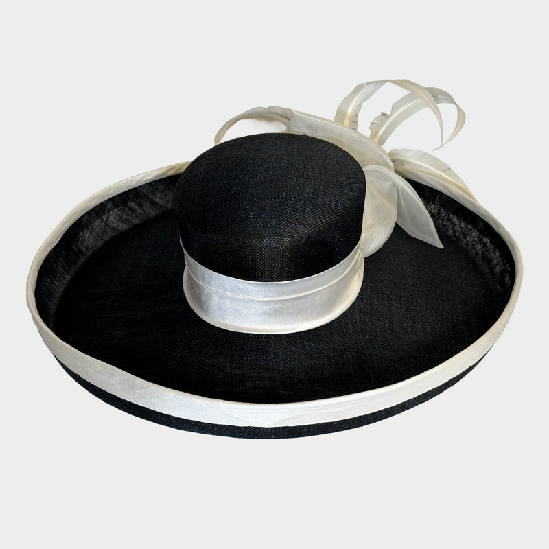 Siggi London black structured mesh hat with white feather flower detail