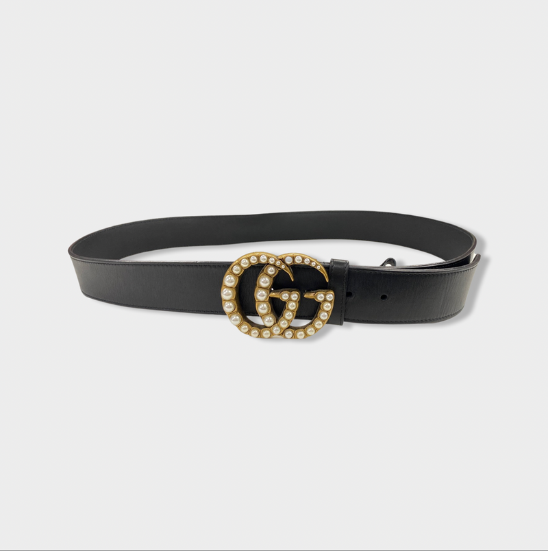 Gucci women's black leather belt with pearl details