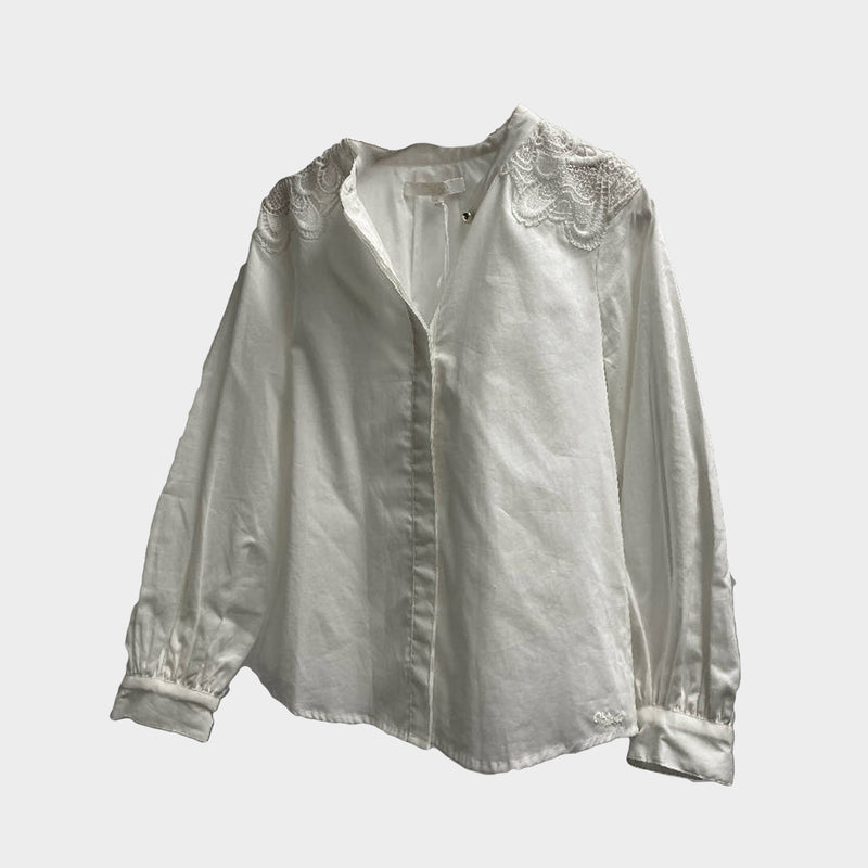 Chloe girl's white cotton blouse with crocket details on shoulders