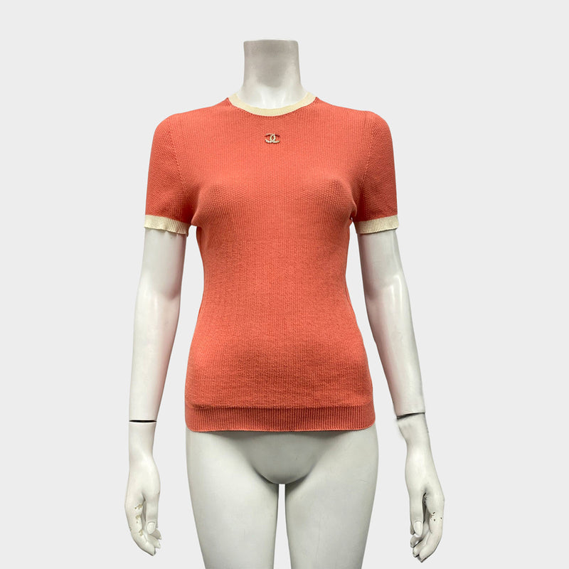 Chanel women's peach cotton t-shirt with embellished logo detail