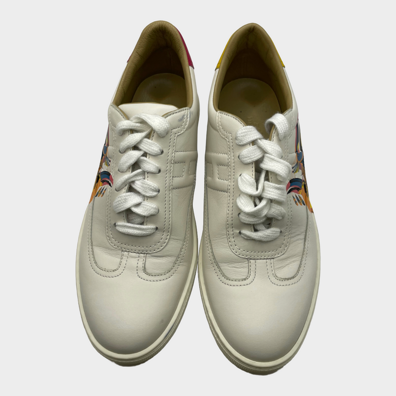 Hermes women's white and multicoloured birds print leather bi-colour sneakers