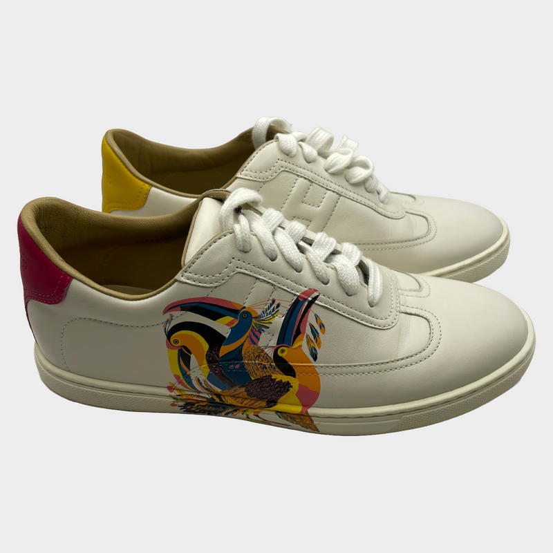 Hermes women's white and multicoloured birds print leather bi-colour sneakers