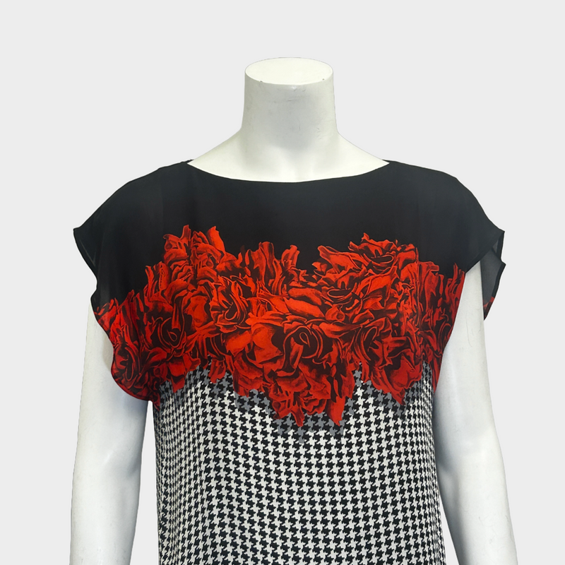 Gucci women's houndstooth silk dress with red rose motif