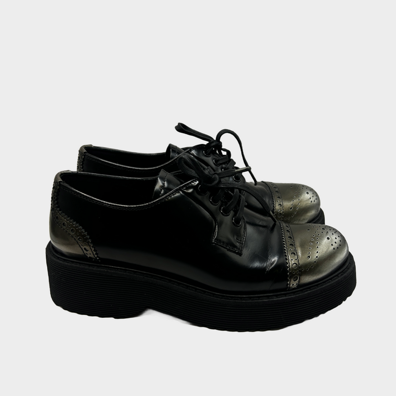 Prada women's black and silver leather platform-sole oxford shoes