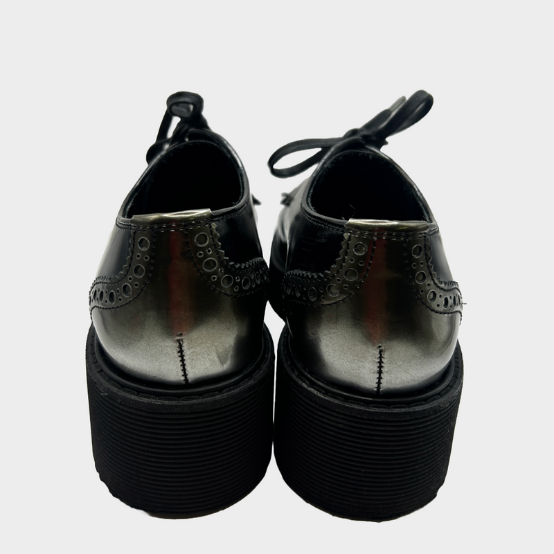Prada women's black and silver leather platform-sole oxford shoes