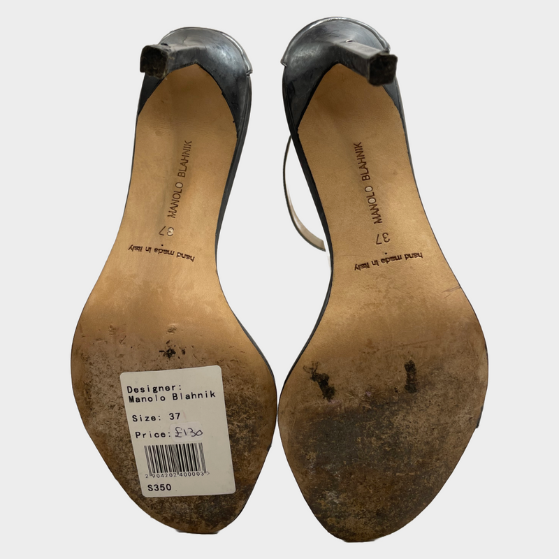 Manolo Blahnik women's silver grey metallic strappy leather heels