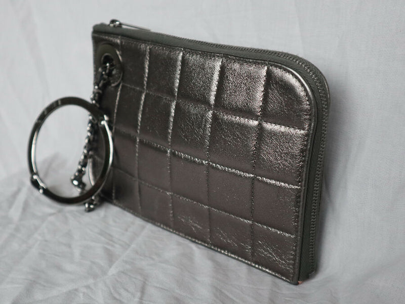 Chanel vintage gunmetal silver handcuff wristlet leather clutch bag