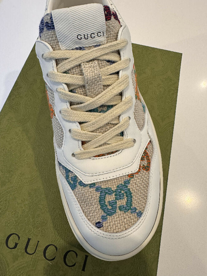 Gucci women's ecru sneakers with multicolour monogram embroidery