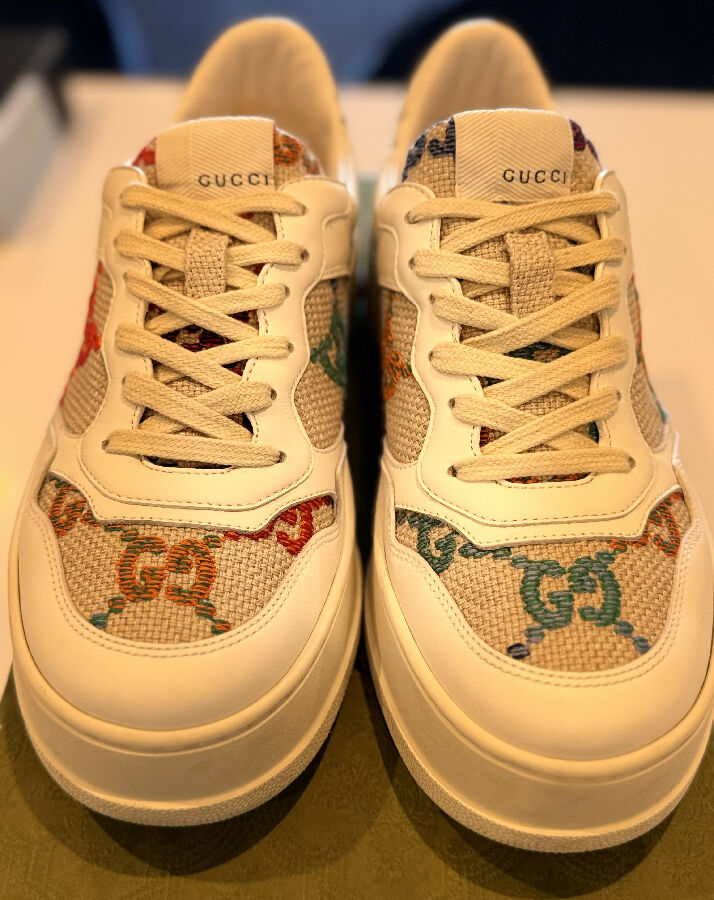 Gucci women's ecru sneakers with multicolour monogram embroidery