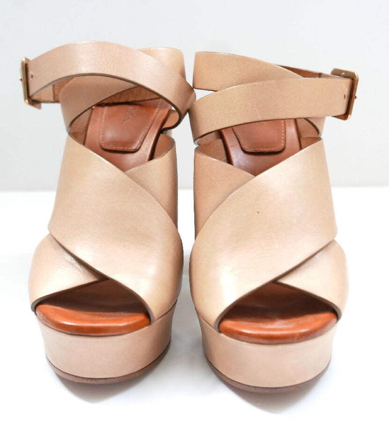 Chloe camel leather chunky strap platform sandals