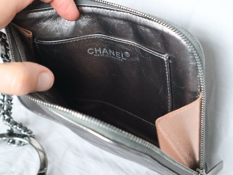 Chanel vintage gunmetal silver handcuff wristlet leather clutch bag