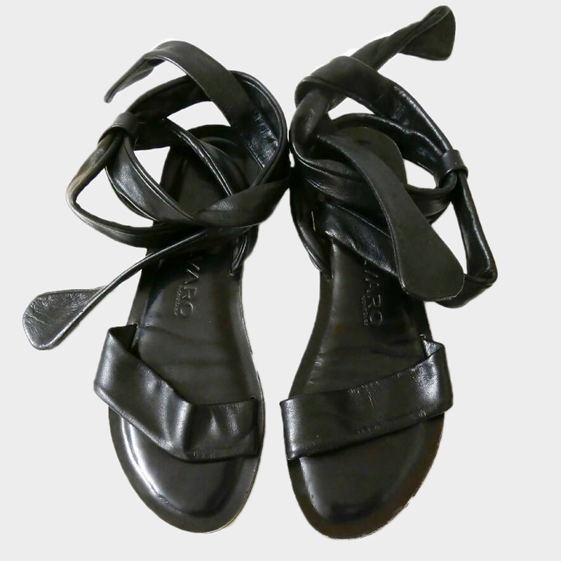 Alvaro Gonzalez women's black leather ankle lace flat sandals