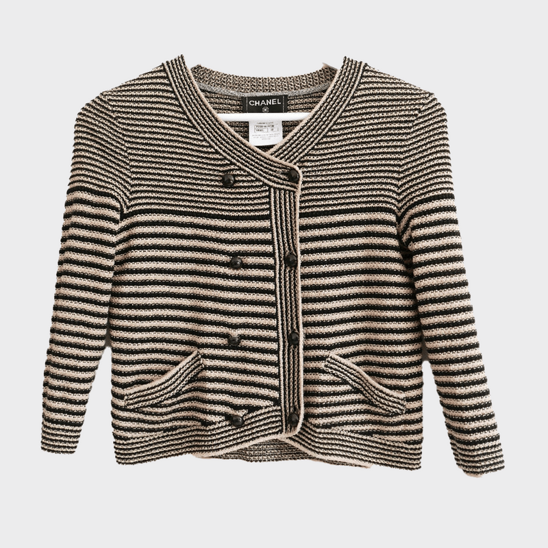 Chanel women's camel and black Resort 2015 silk knit cropped jacket