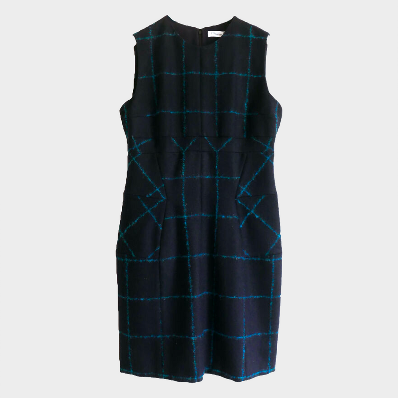 Christian Dior navy and turquoise checkered wool mix dress