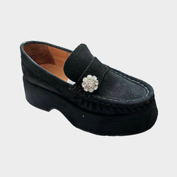Ganni women's black suede platform loafers with crystal flower embellishment