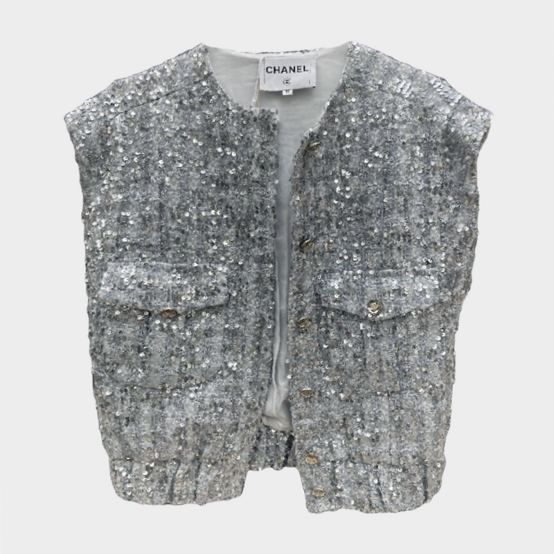 Chanel women’s silver sequin vintage gilet with 2 front pockets