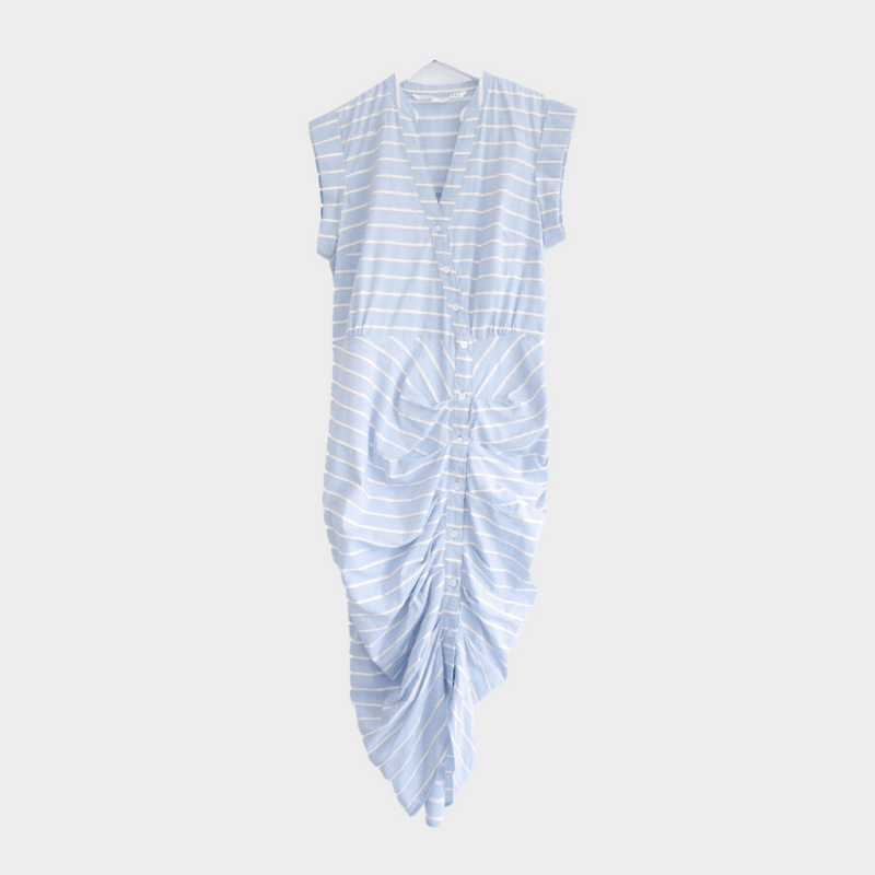 Veronica Beard women's blue ruched cotton shirt dress