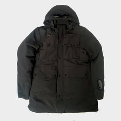 C.P Company men's black nylon down puffer jacket with hood and goggles
