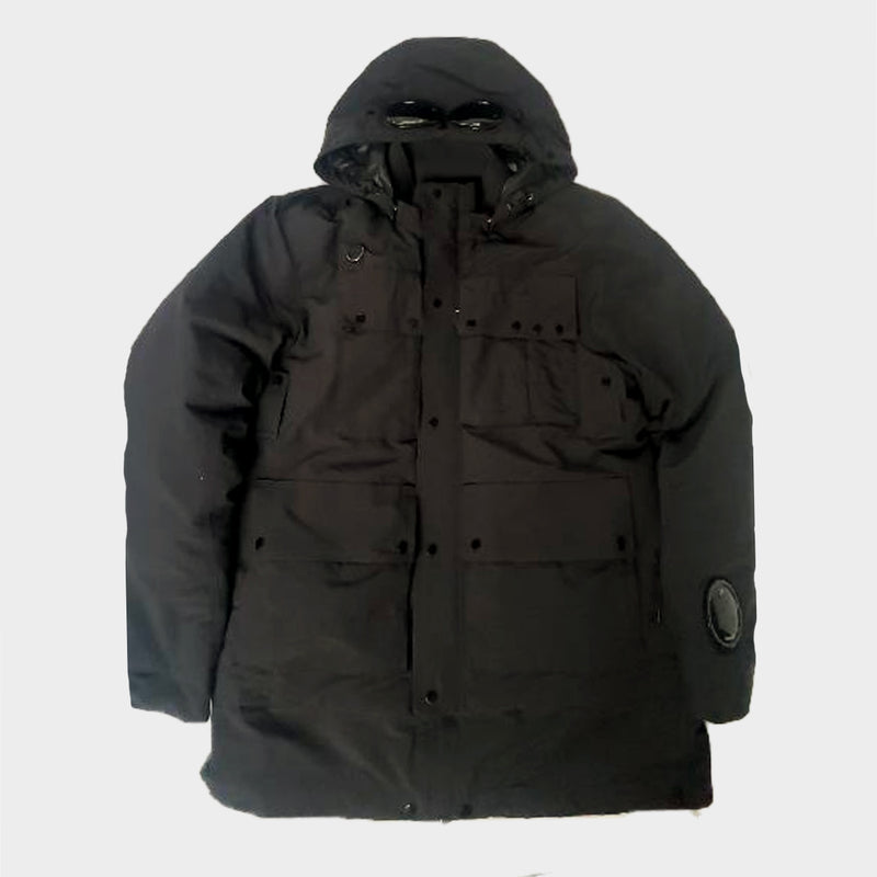 C.P Company men's black nylon down puffer jacket with hood and goggles