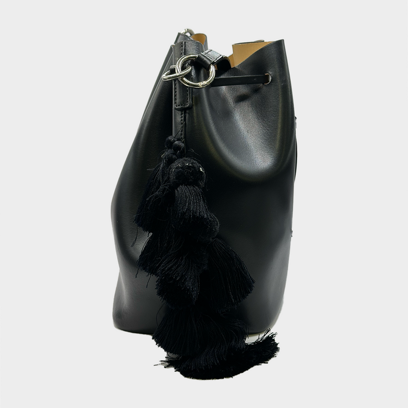 Nº21 black structured bucket bag with side pompons