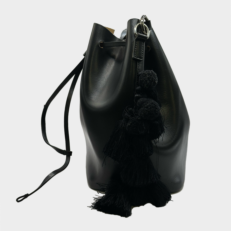 Nº21 black structured bucket bag with side pompons