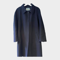 Prada women's navy wool coat with logo in mint fur trim at the back