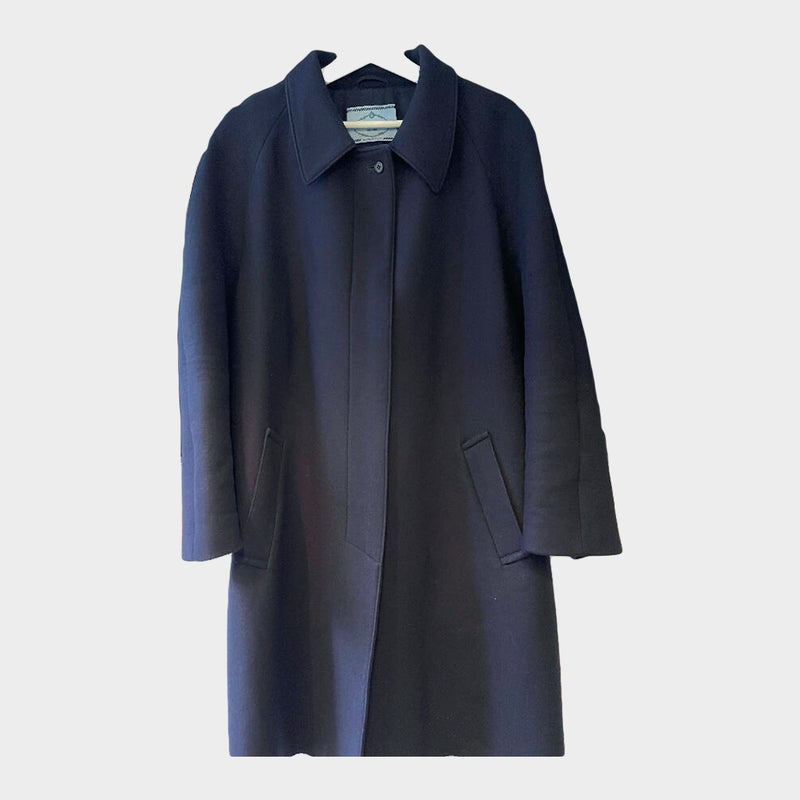 Prada women's navy wool coat with logo in mint fur trim at the back