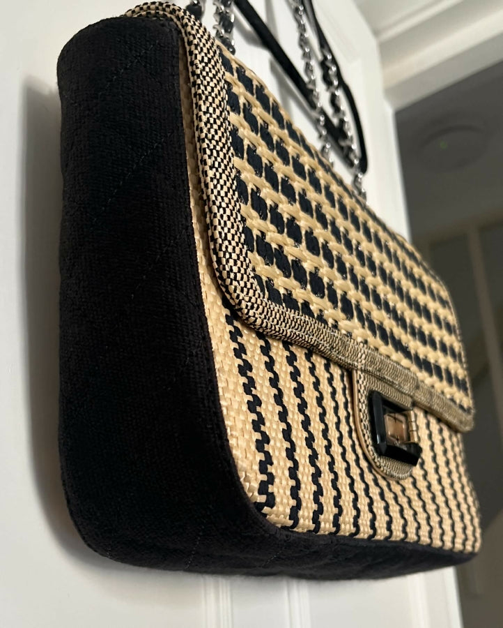 CHANEL black and beige raffia limited edition jumbo flap bag